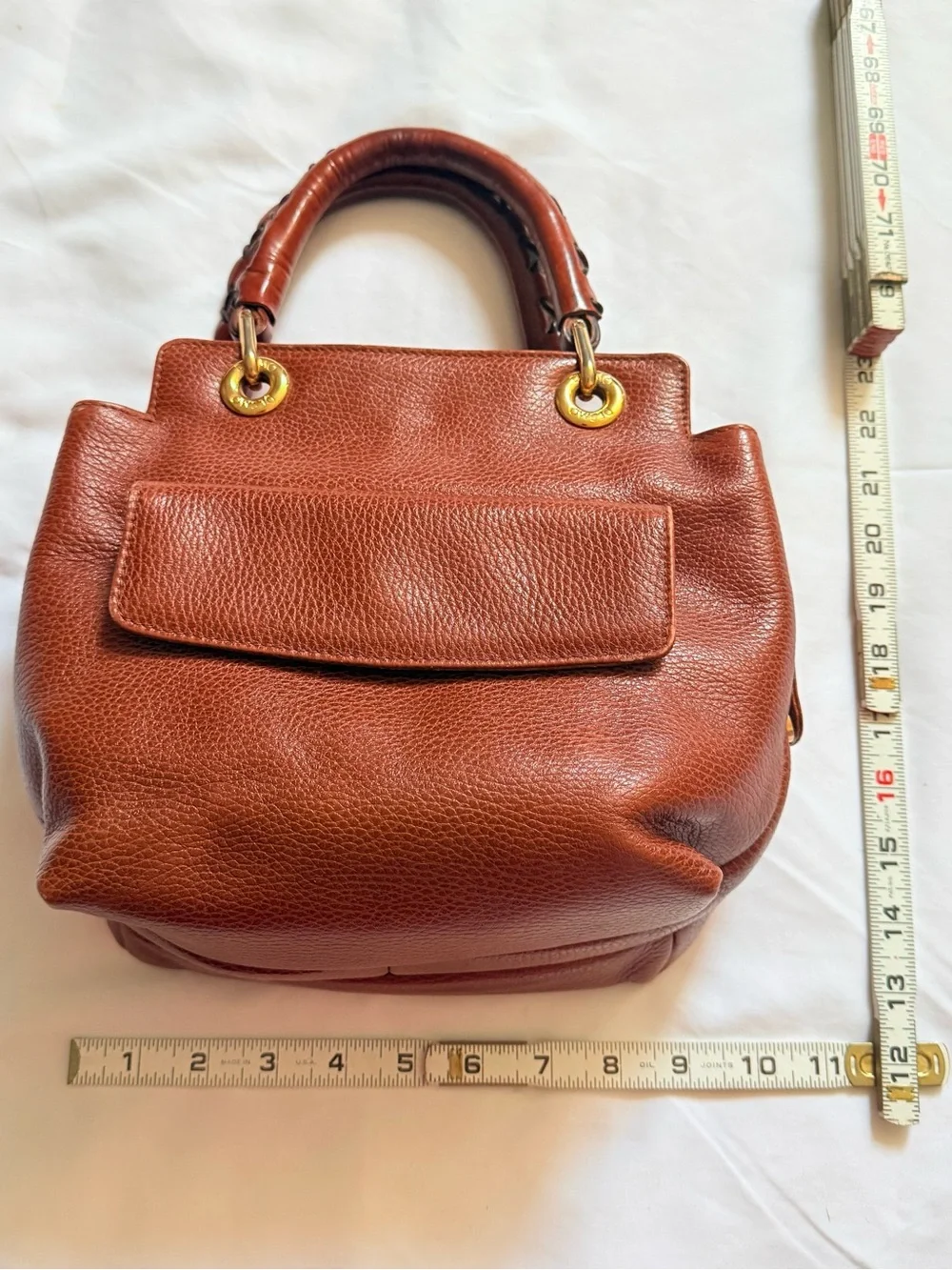 Vintage DESMO Brown Pebbled Leather Structured Top Handle Handbag Gold Hardware